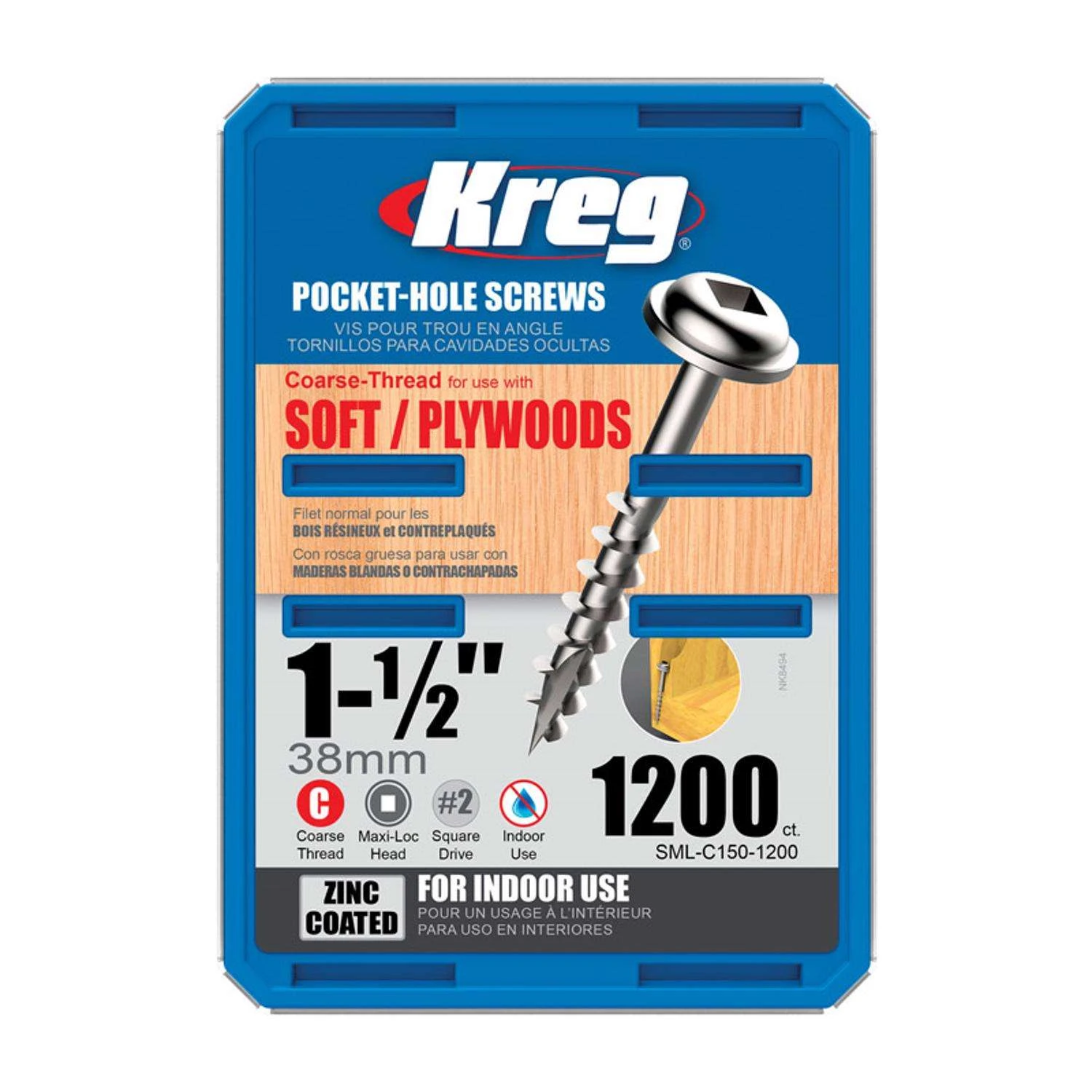 Kreg No. 8 X 1-1/2 In. L Square Zinc-Plated Pocket-Hole Screw 1200 Ct 1 Kreg No. 8 X 1-1/2 In. L Square Zinc-Plated Pocket-Hole Screw 1200 Ct